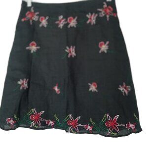 Silkland Petite Women's Black Floral Embroidered 100% Linen A-Line Skirt…